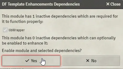 Screenshot de referencia del diálogo de confirmación para habilitar las dependencias de un módulo.