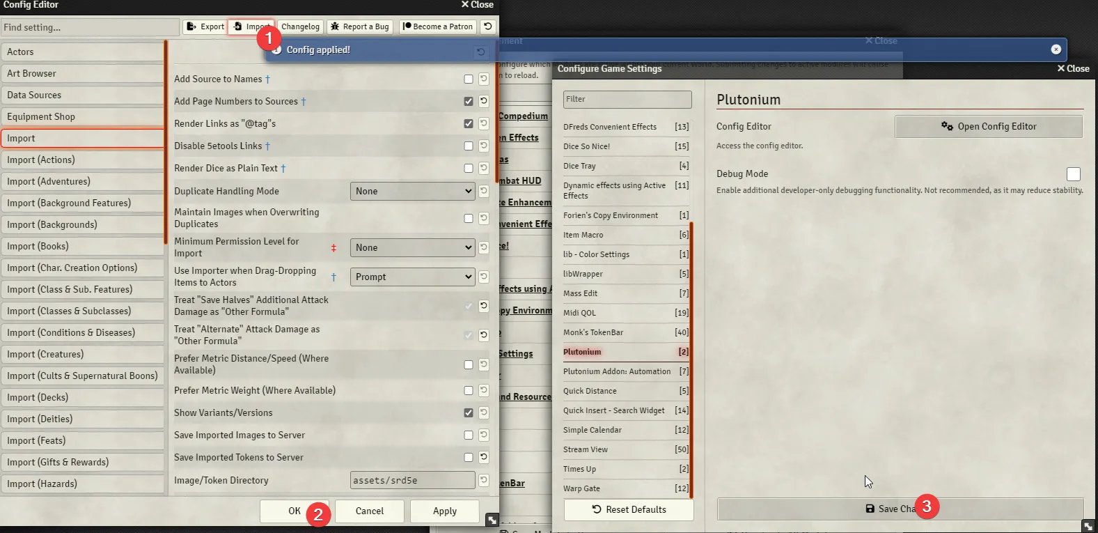 Screenshot de cómo importar los ajustes de Plutonium