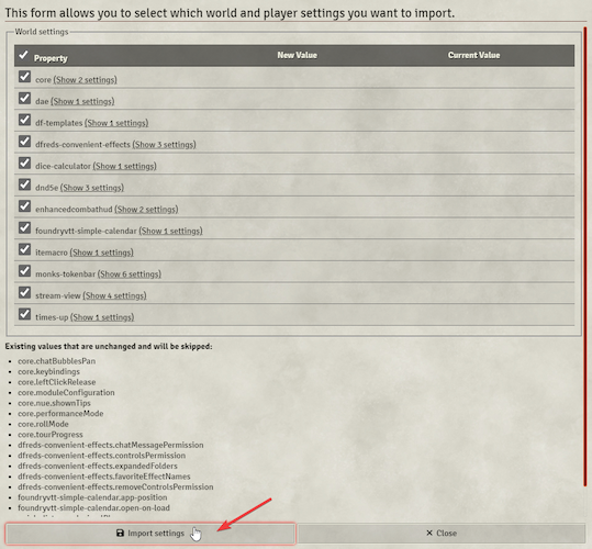 Screenshot de la confirmación de importación de ajustes