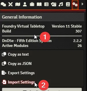 Screenshot del desplegable de importar ajustes