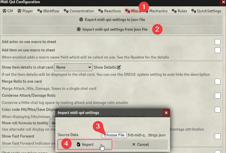 Screenshot de la importación de los ajustes de MIDI