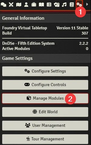 Screenshot de referencia para encontrar el menú de “Manage Modules”.