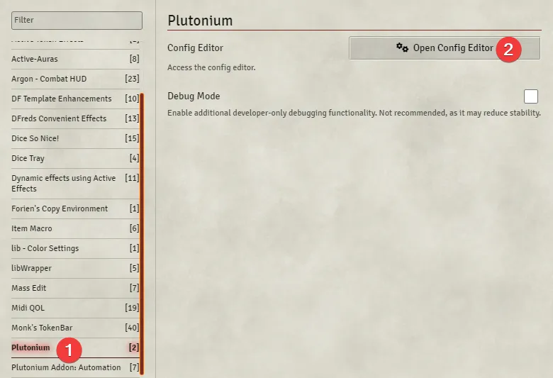 Screenshot de cómo abrir los ajustes de Plutonium